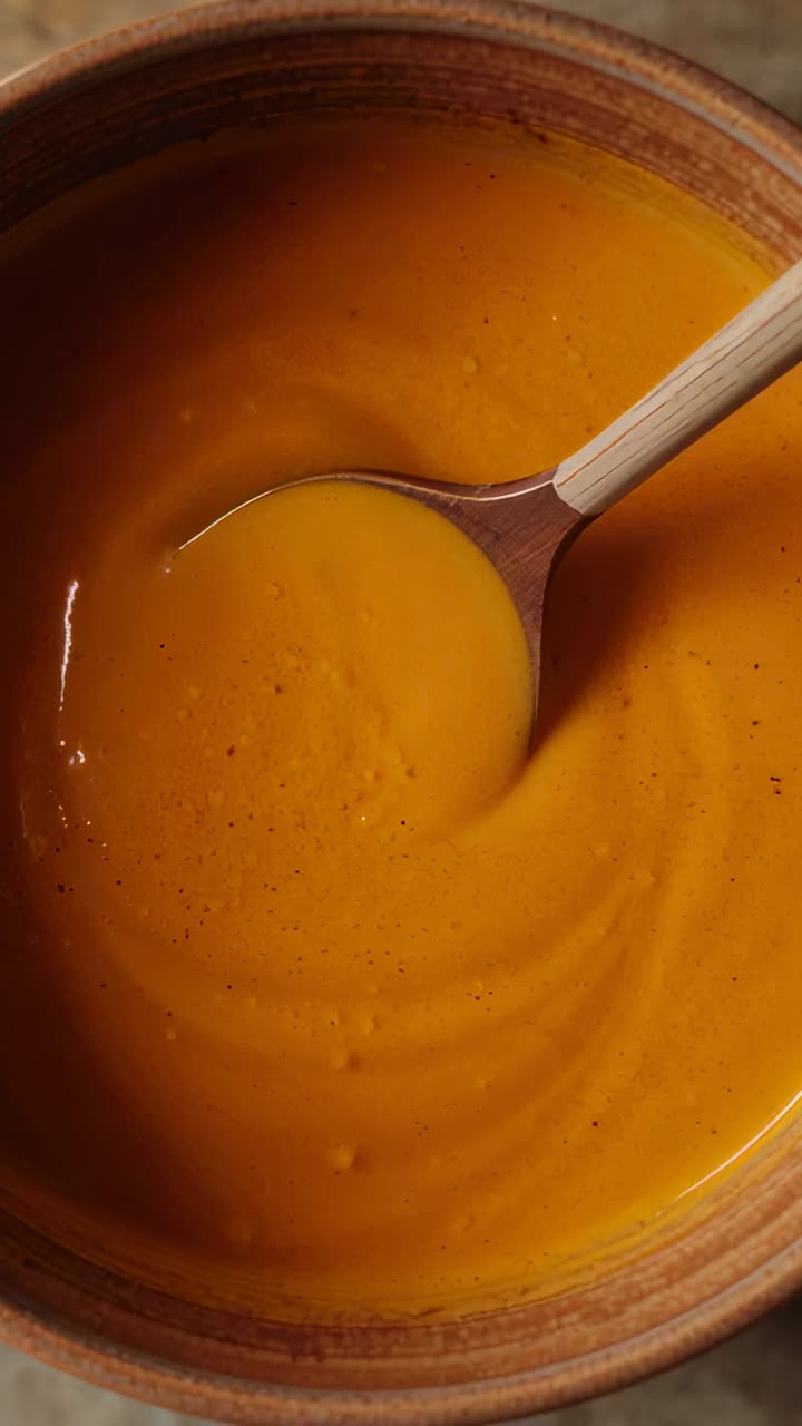 Vertical video: Placing wooden spoon stirring orange soup in bowl at kitchen counter, mixing spice