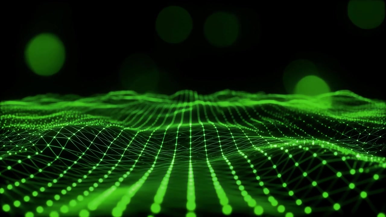 Moving Green Digital Wave Surface with Glowing Plexus Network