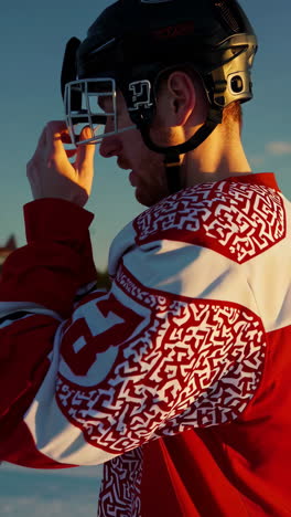 hockey player adjusting equipment near prague castle
