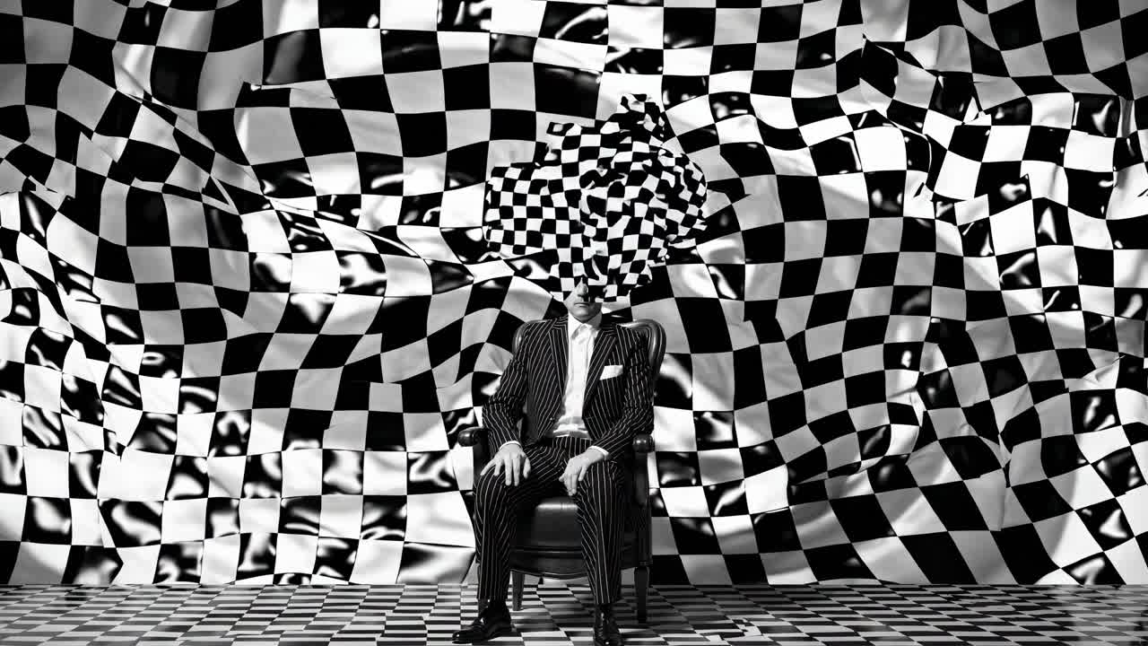 Surreal black and white animation of a businessman sitting on a chair with a checkered pattern instead of his head, symbolizing identity crisis and mirage
