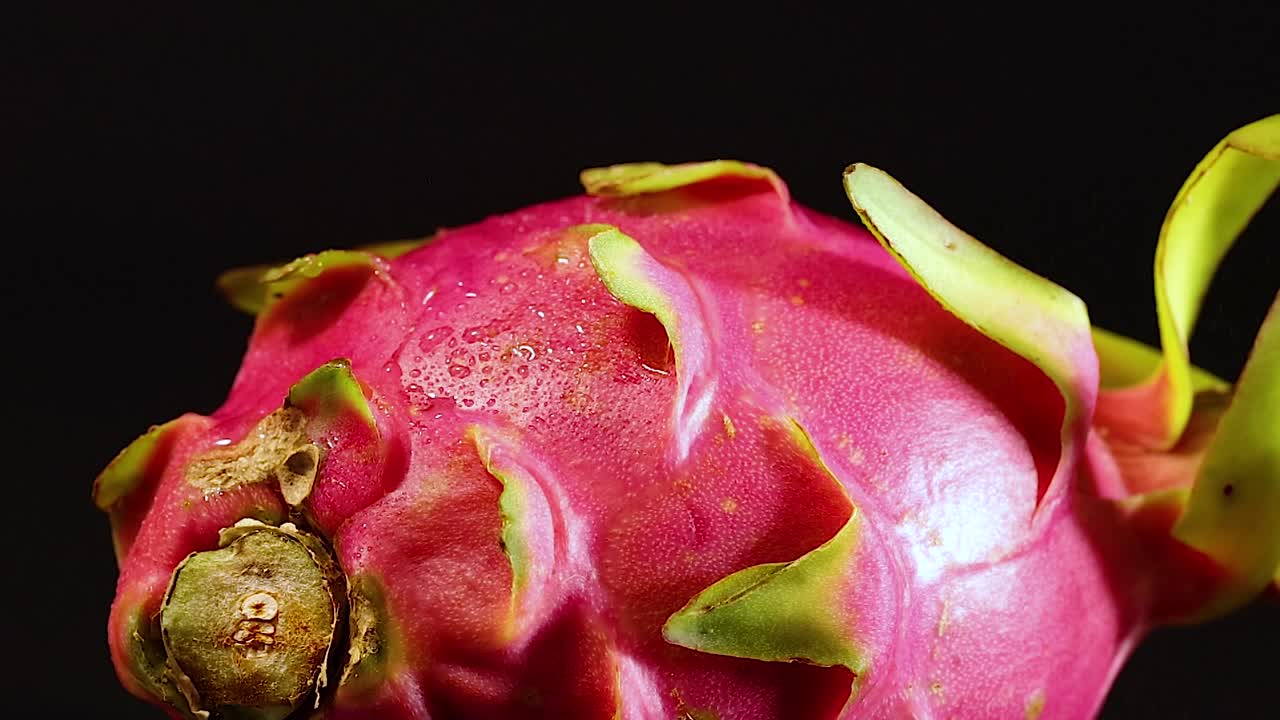 A vibrant dragon fruit being misted, highlighting its pink and green textures against a dark background.