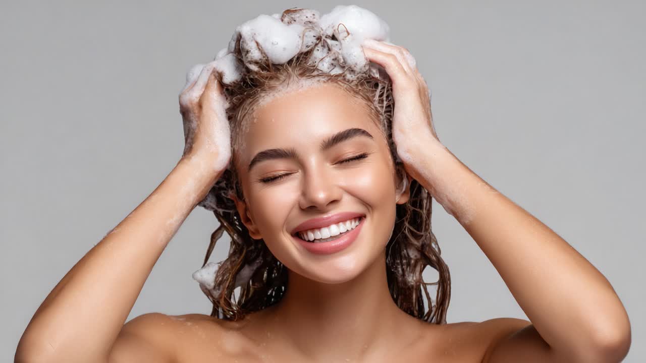 Una experiencia alegre lavándose el pelo: una joven entusiasta disfruta de una refrescante sesión de champú, irradiando felicidad e higiene con burbujas en el pelo.