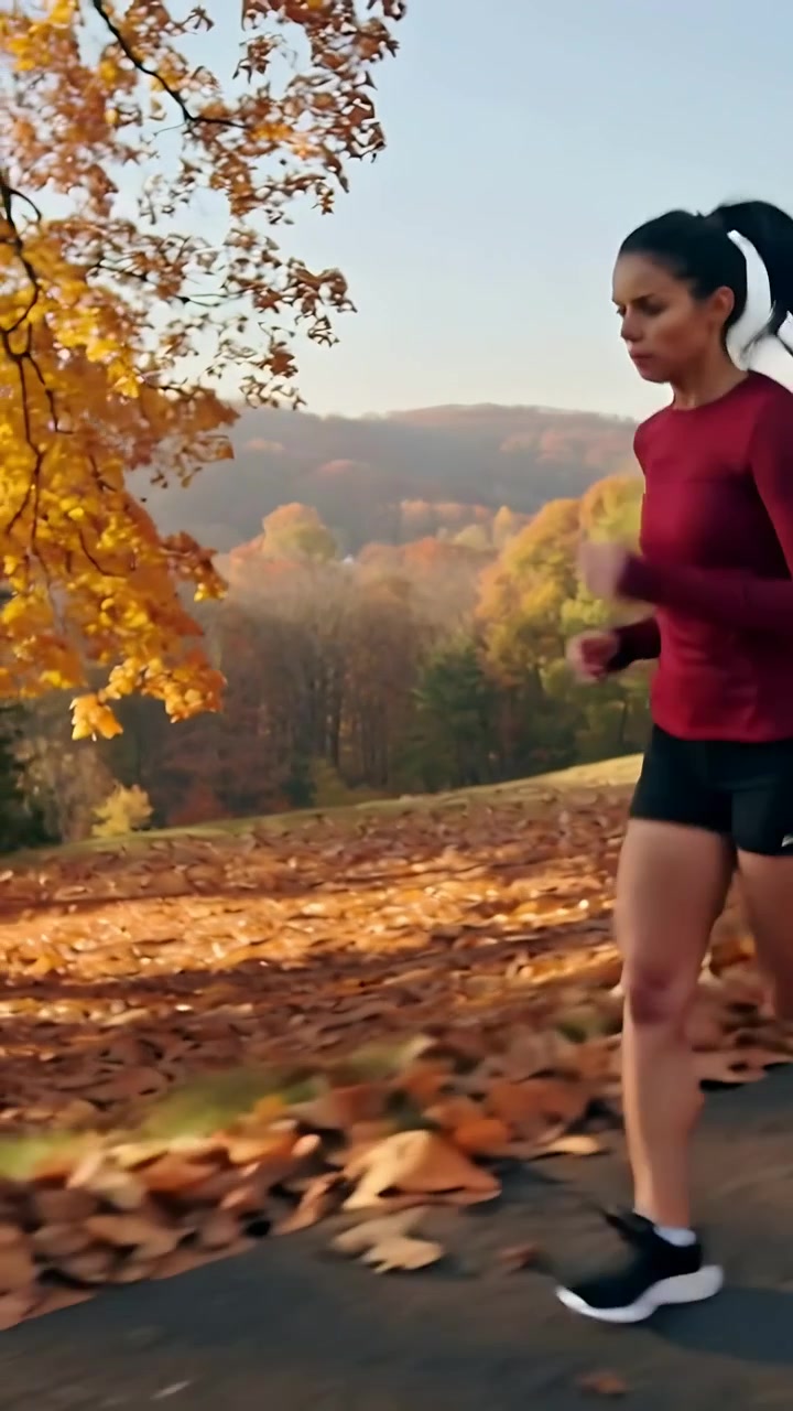 Video verticale: Un corridore che fa jogging lungo un sentiero del parco per mantenersi in forma, con una maglietta bordeaux, spazio per il testo.