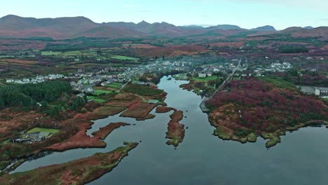 landscape drone flying to sneem tourist village on the ring of kerry ireland on the wild atlantic way autumn in ireland