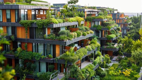 modern residential buildings with green terraces and rooftop gardens