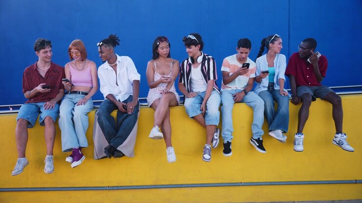 Diverse Group of Young Friends Using Smartphones Outdoors