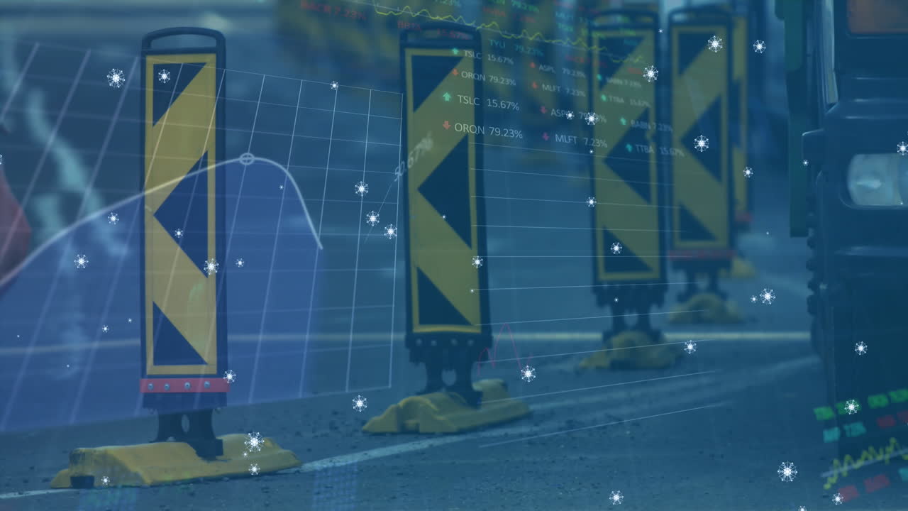 거리를 건너는 사람들에게 대항하는 그래프와 무역 보드 위의 눈알의 애니메이션