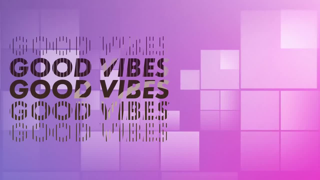 Animation of good vibes text over shapes on purple background