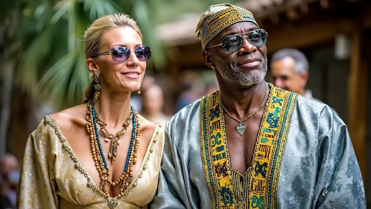 A man and a woman dressed in traditional clothing standing next to each other