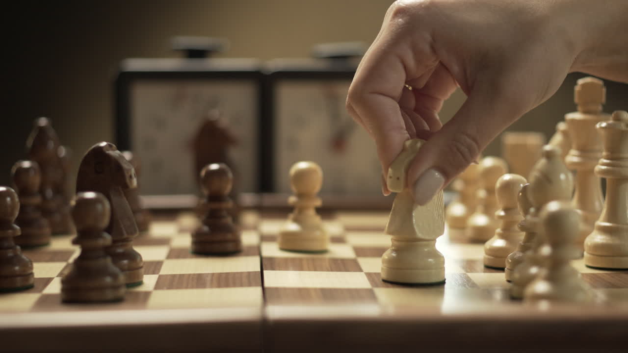 검은 조각 위로 움직이는  기사와 함께 전문적인 체스 게임