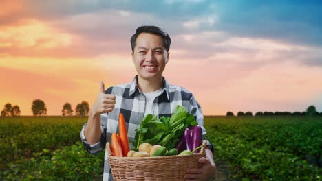 un agricultor feliz mostrando una canasta de verduras frescas al atardecer