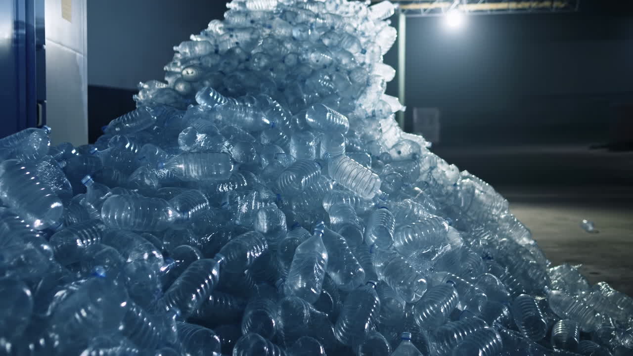 Enorme Pila Di Bottiglie Di Plastica In Magazzino Poco Illuminato Sotto Freddo Riflettore, Bottiglie PET Traslucide Impilate