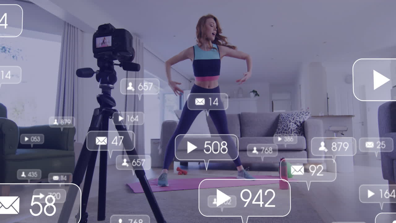 Woman exercising at home with social media notifications overlay animation