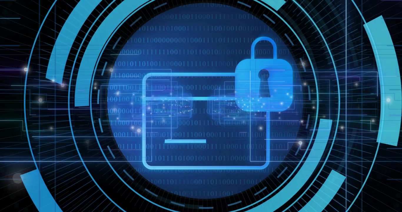 Merging grids starting central HUD, rings spinning, card outline drawing, lock showing secure data