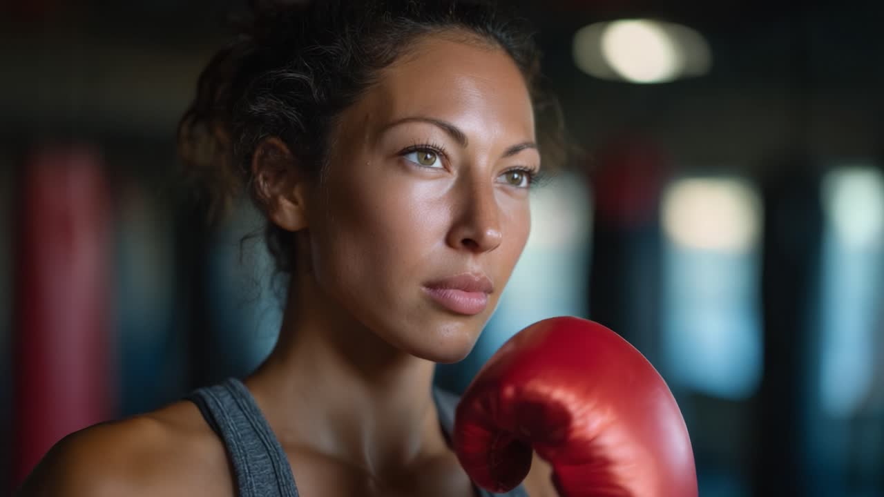 Boxer concentrata che si prepara per il suo prossimo incontro, mostrando determinazione e forza in palestra con un classico guantone rosso e uno sguardo intenso rivolto in avanti