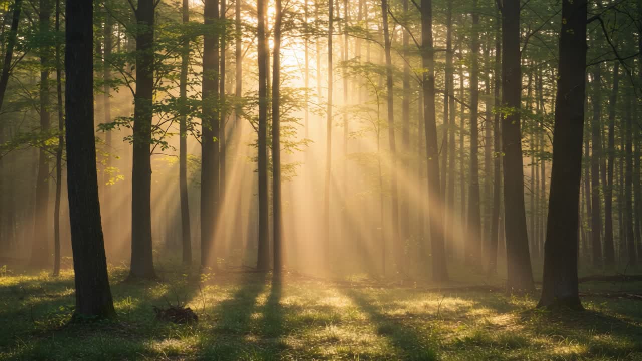 A Serene Forest Scene with Gentle Sunlight Streaming Through Trees, Casting Soft Shadows on the Ground, Creating a Tranquil Atmosphere of Natural Beauty