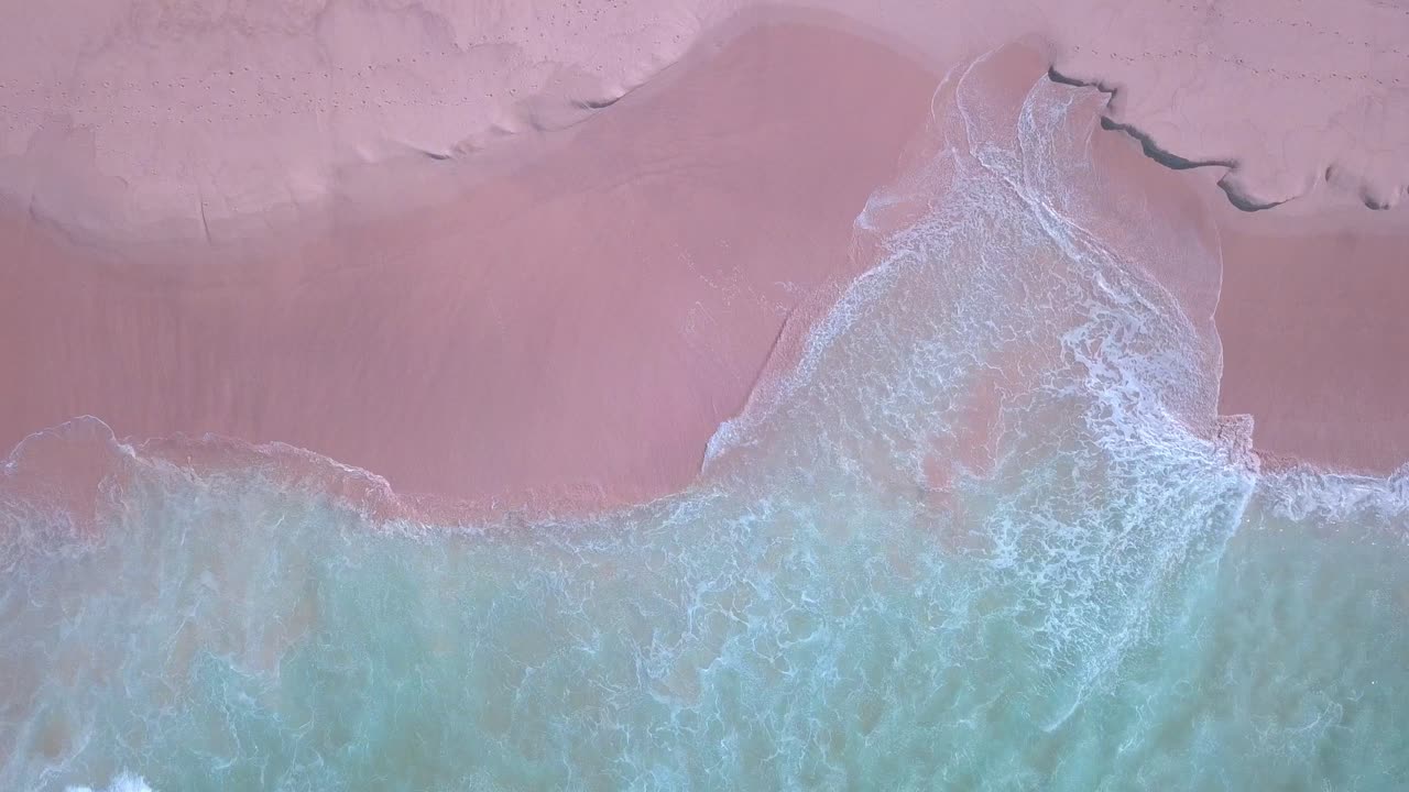 Top down aerial shot of pink sand beach ocean waves with clear turquoise water crashing the shore in Sydney, Australia. Bird eye view in a sunny day