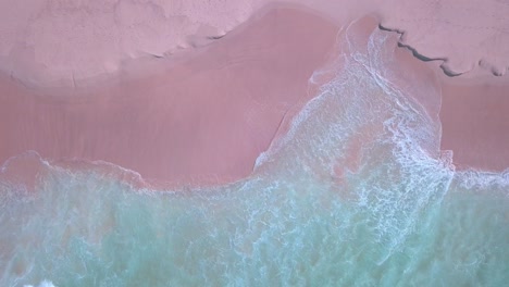 top down aerial shot of pink sand beach ocean waves with clear turquoise water crashing the shore in sydney, australia. bird eye view in a sunny day