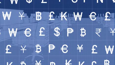 animation of multiple currency symbols over grid network against empty office