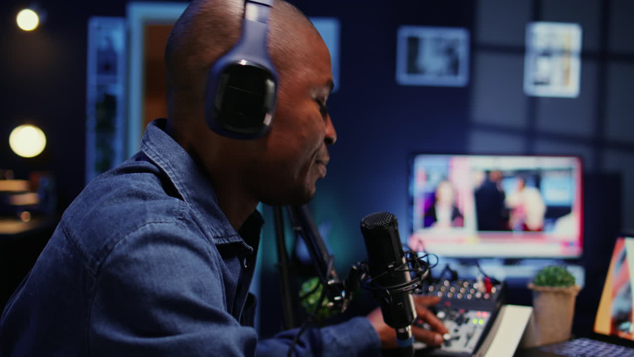 Close up shot of man setting up audio devices for live broadcast for flawless sound quality