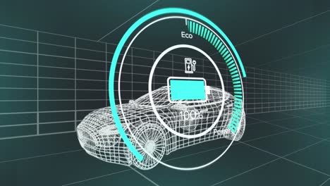 animation of battery level over electric car project on navy background