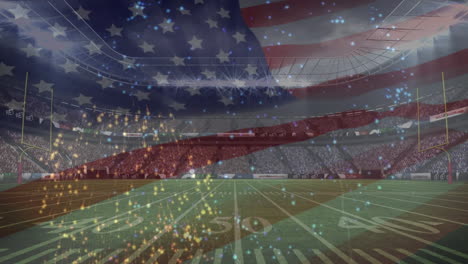 american football stadium with fireworks animation and american flag on the foreground