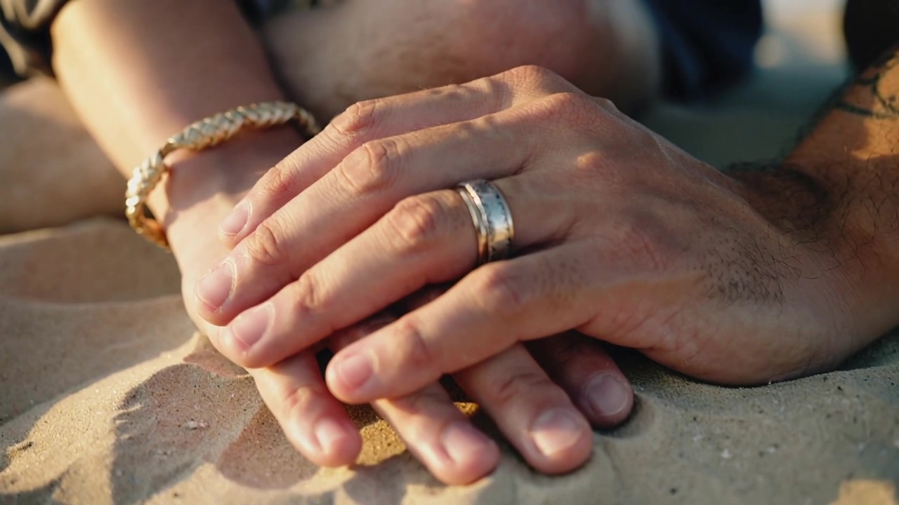 Settling two hands shifting on sandy shore, contact showing support, bracelet and ring catching sun