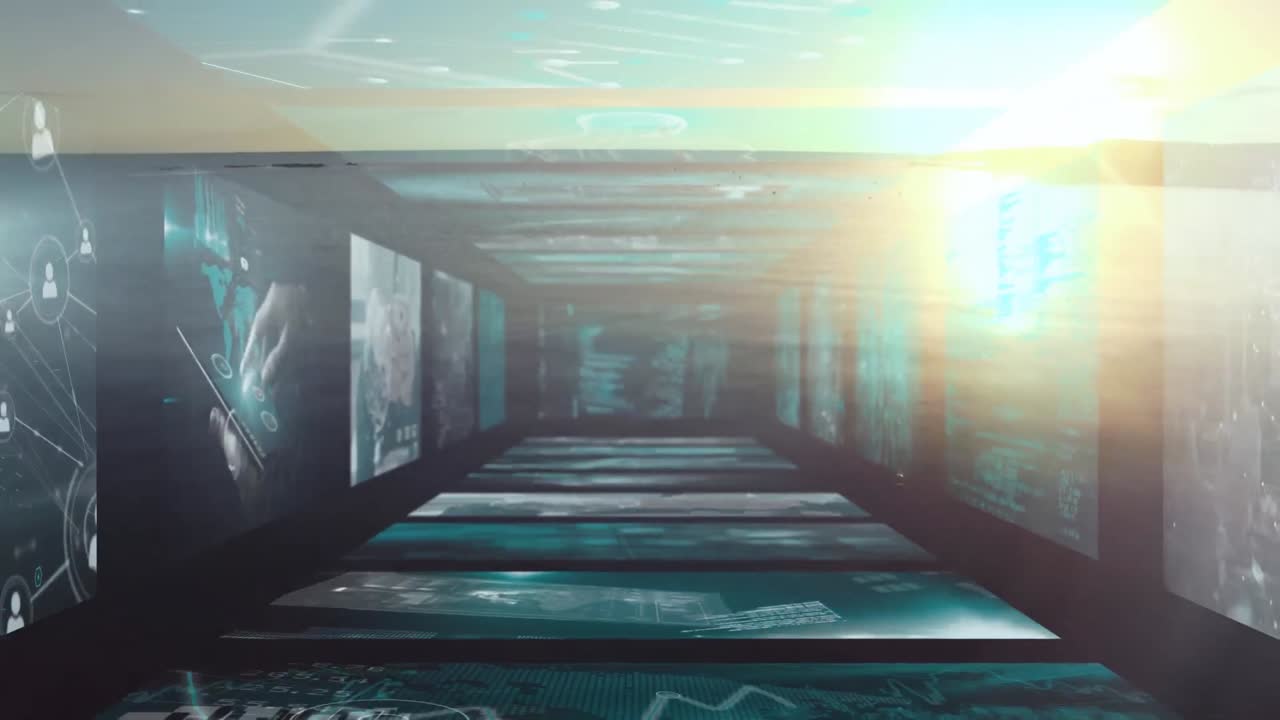 해가 지는 해변과 바다에서 데이터 처리와 함께 디지털 인터페이스의 애니메이션