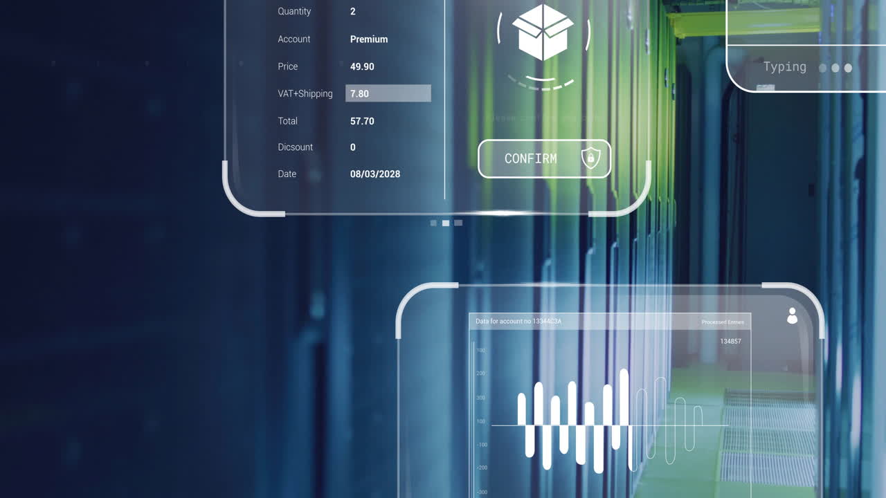 Animation of digital transaction interface overlaying data center servers with graphs