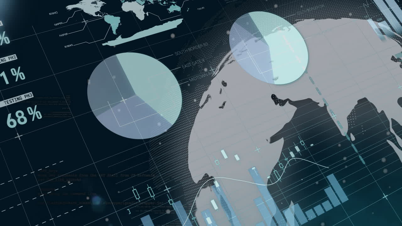 Animation of data processing and diagrams over globe on black background