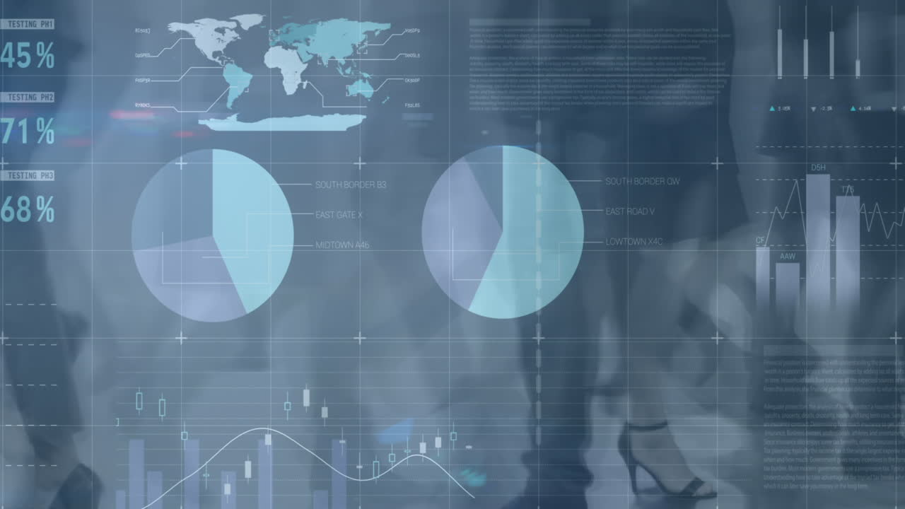 Animation of financial data processing over diverse business people walking