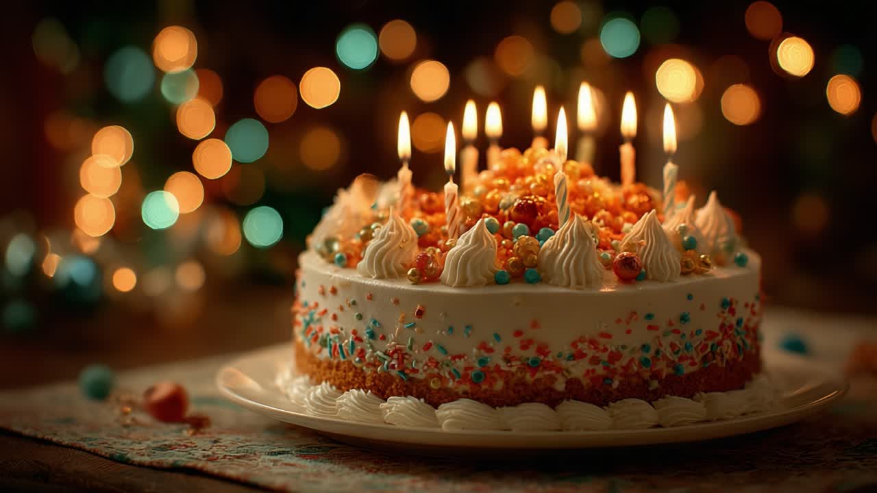 A Beautifully Decorated Birthday Cake with Colorful Candies and Flickering Candles Illuminating a Celebration Table Filled with Festive Cheer