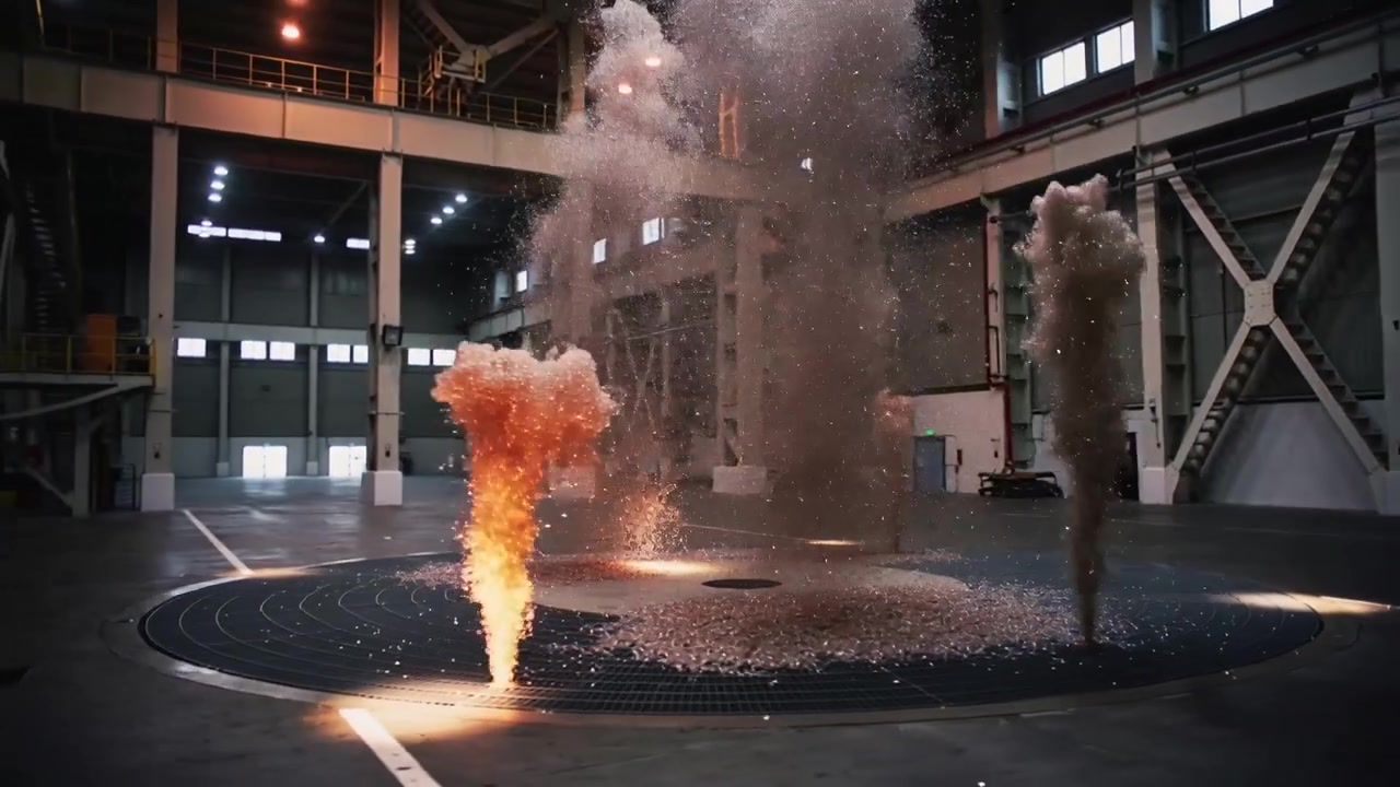 Starting sequence, three plumes rising from large grated platform in hangar, one with orange flame