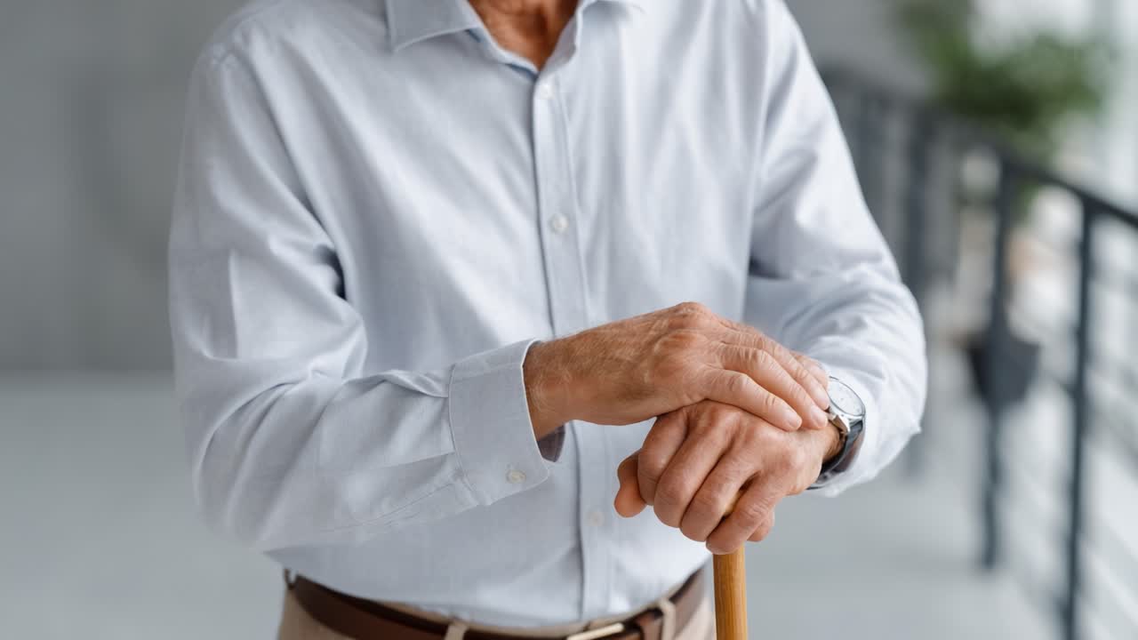 Un elegante uomo maturo con una camicia azzurra si sta modificando l'orologio mentre si appoggia a un bastone alla moda, dimostrando un senso di raffinatezza e atemporalità