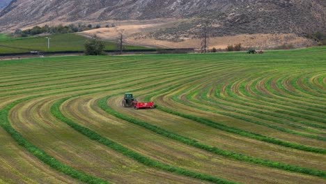 Círculos-De-Agricultura:-Henificación,-Rastrillado-Y-Un-Tractor-Verde-En-Un-Día-Soleado-En-Columbia-Británica.