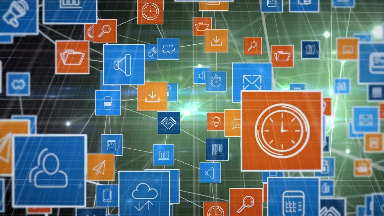 animación de la red de conexiones con iconos digitales