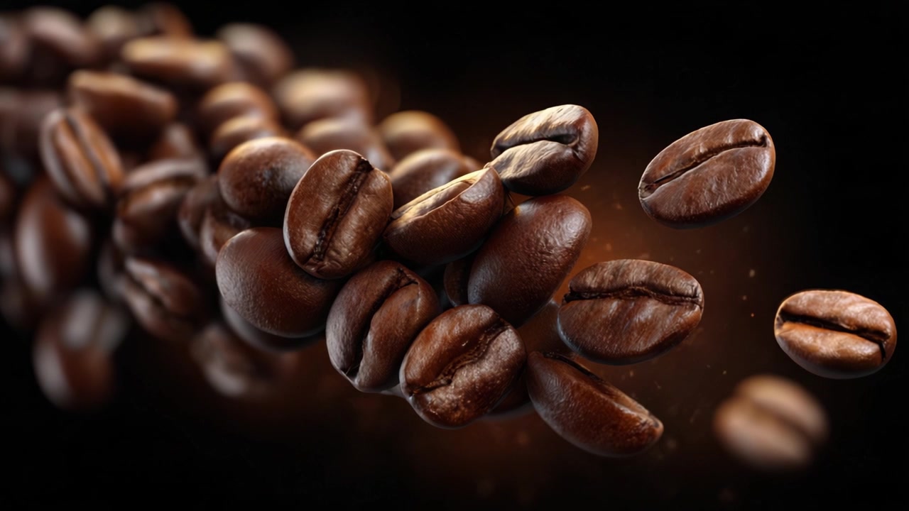 Dynamisk bevægelse af kaffebønner på en mørk baggrund, der fremhæver deres rige farve og tekstur, og fanger essensen af friskristet kaffe i bevægelse.