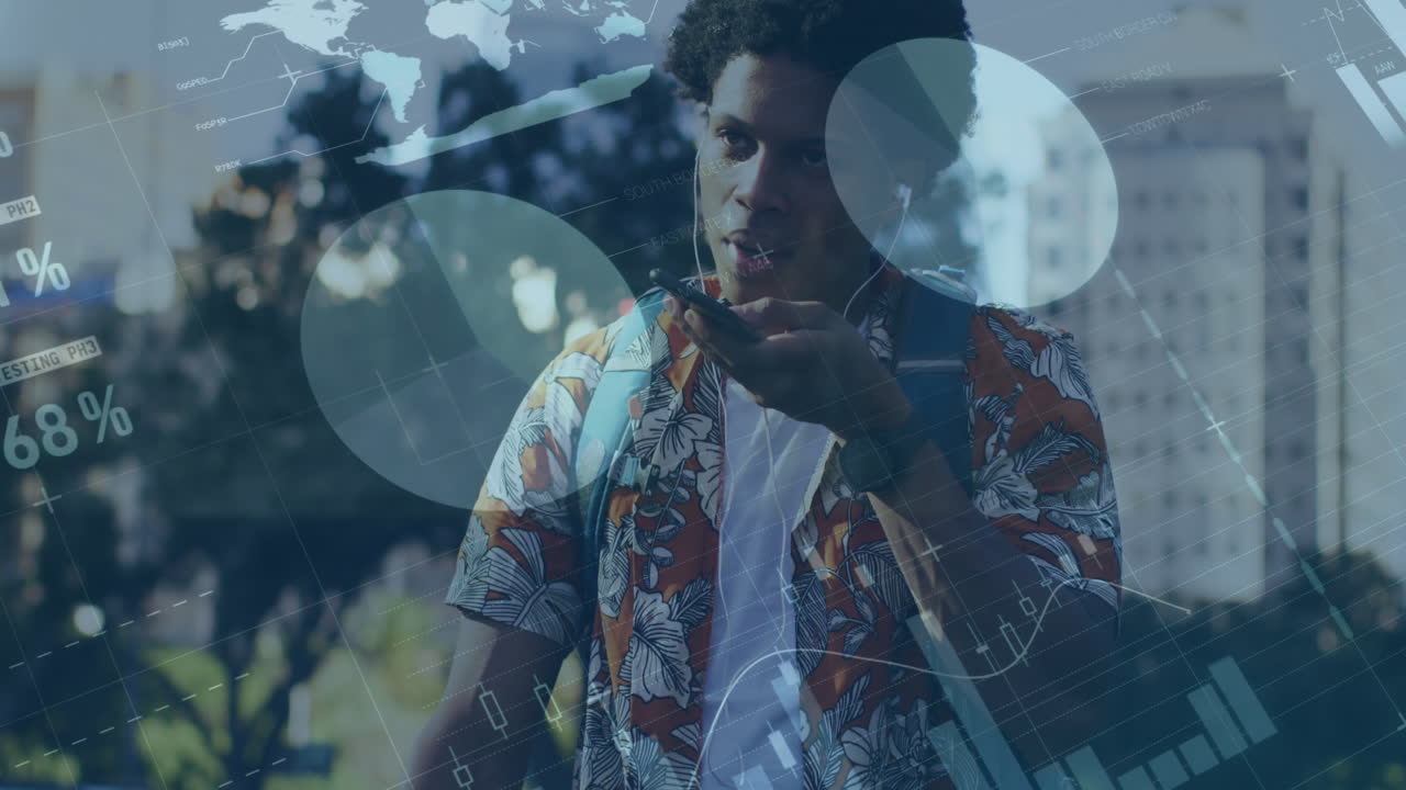 animación de procesamiento de datos estadísticos sobre hombre afroamericano hablando en teléfono inteligente en la calle