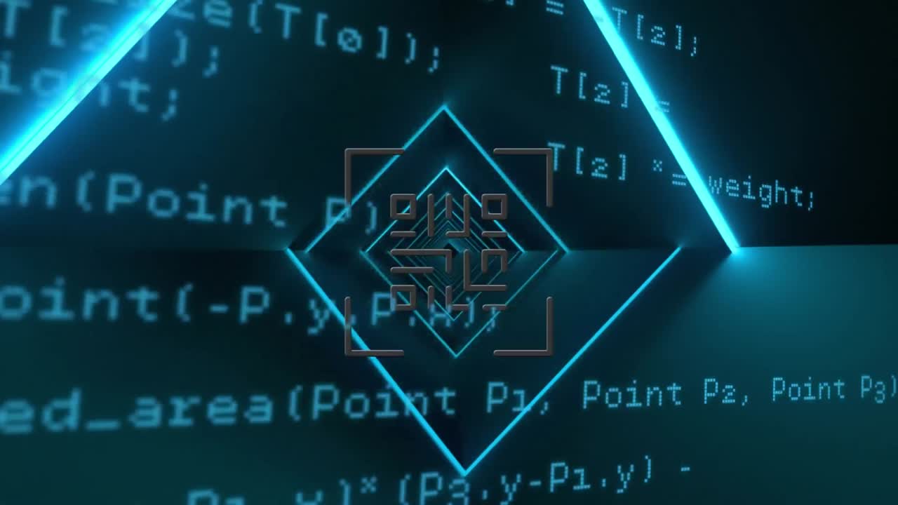 QR code scanner with neon elements against data processing