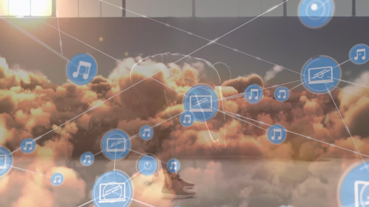 아프리카계 미국인 남성 운동과 구름에 대한 연결 네트워크의 애니메이션