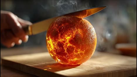 cutting a fiery, glowing orange