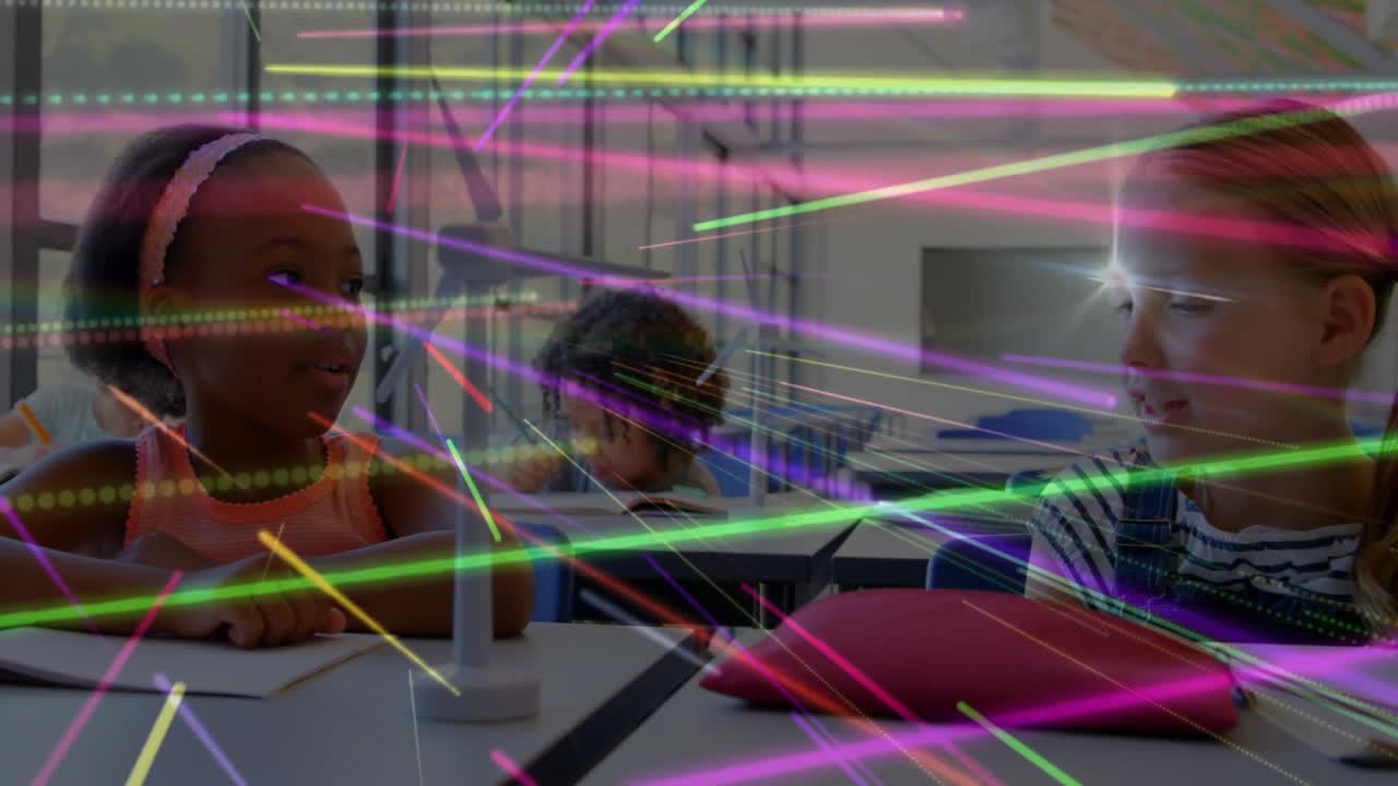 Girls showing wind turbine in classroom with vibrant light streaks sweeping showcasing wind energy