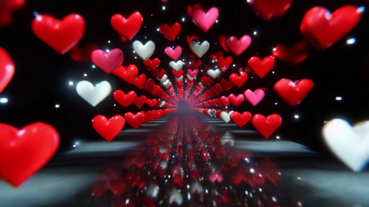 A mesmerizing tunnel of cascading hearts in varied shades of red and pink, creating a romantic atmosphere filled with love and affection, leading to a bright distant light that symbolizes hope and connection