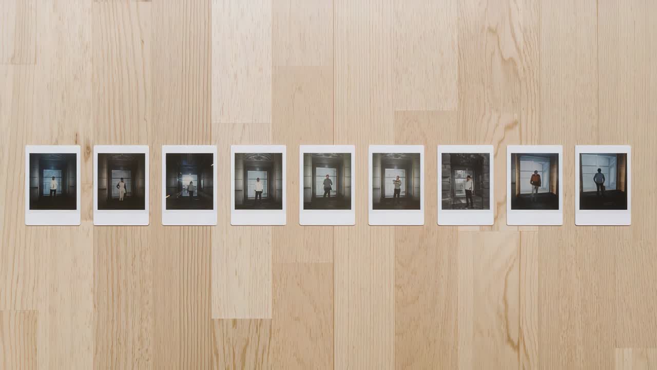 Placing off-camera person arranging Polaroid prints on light wood surface, creating portrait grid