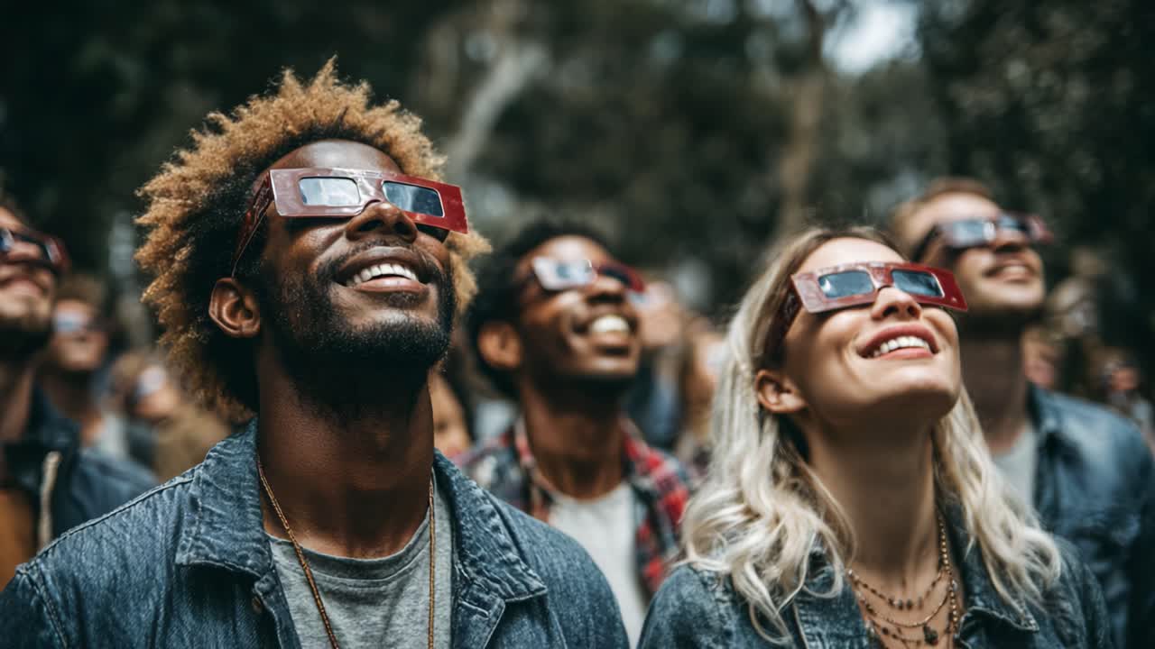 Un incontro gioioso: pubblico entusiasta rapito da un'esperienza meravigliosa mentre indossa occhiali da sole, immortalando momenti di gioia e meraviglia sotto un cielo vivido