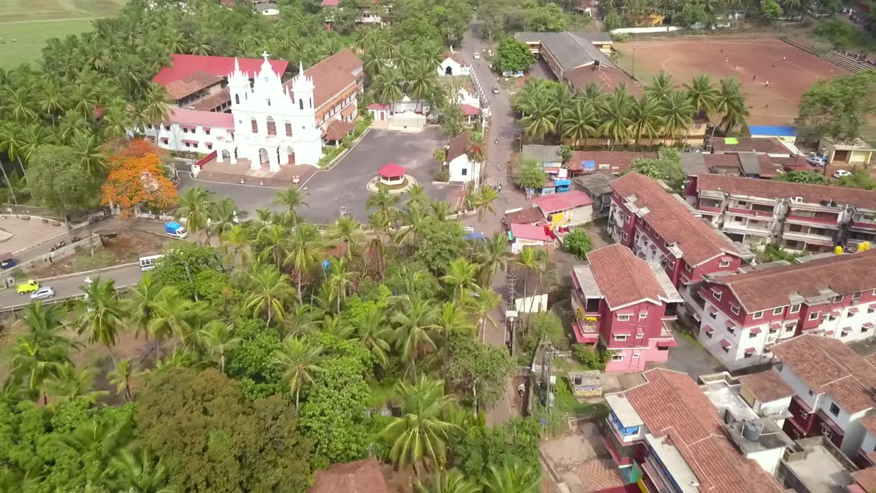 Drone shot over the st. Alex Church, North Goa, India