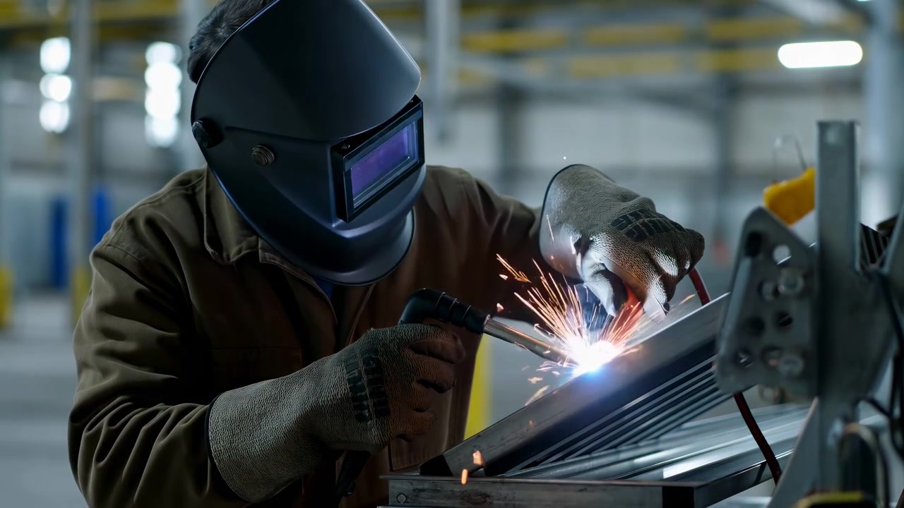 Welder In Protective Helmet Sparks Fly As Technician Grinds And Joins Steel Components Inside Dimly Lit