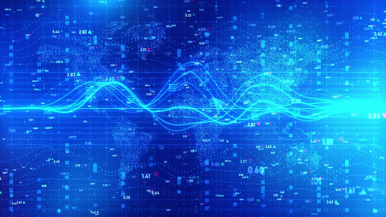 Futuristic finance and stock market background with world map and wavy lines