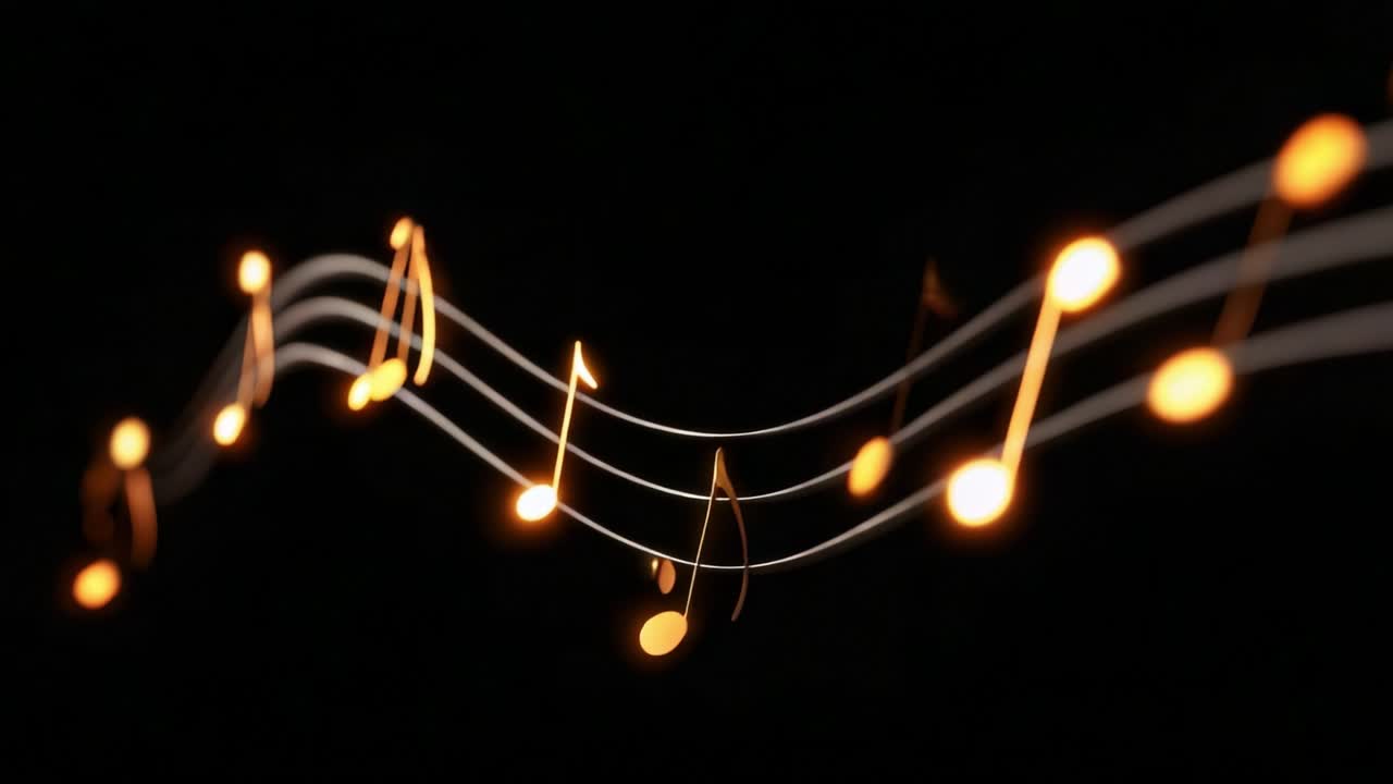 Captivating Visual Symphony: A Flow of Glowing Musical Notes Dancing Against a Dark Background, Illustrating the Beauty and Joy of Music in Motion, Enchanting the Viewer with Its Harmonious Elegance