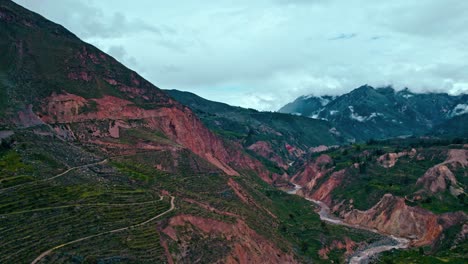 captivating drone flight over a post-rain colca canyon, with lush green landscapes and the meandering colca river below